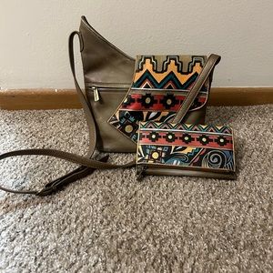 Anuschka crossbody purse w/ matching wallet.